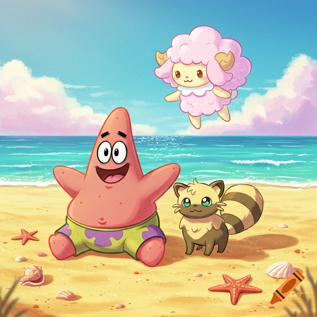 Patrick Star sitting on a sandy beach next to a cat-like creature, with a pink fluffy sheep character floating above the ocean, in a bright cartoon style.