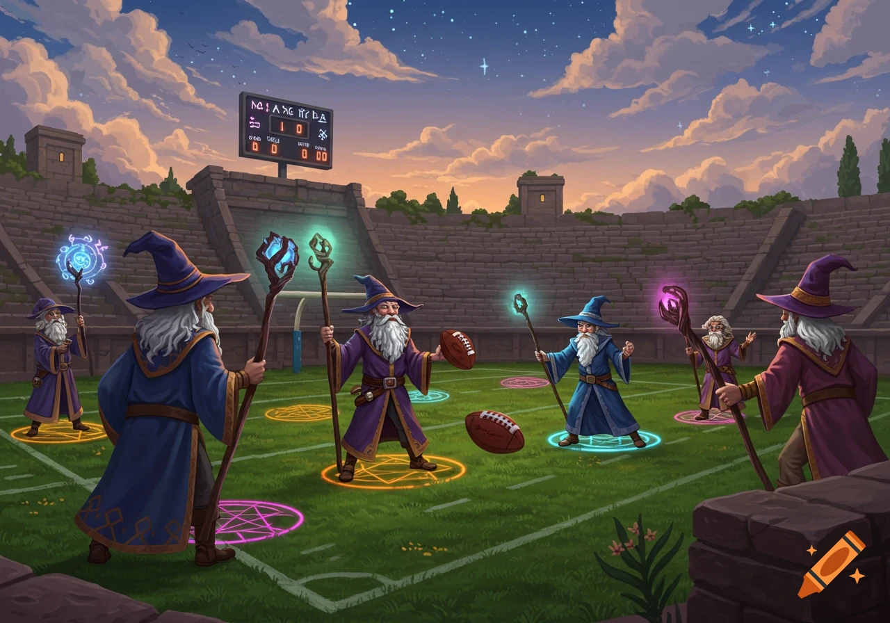 Fantasy art of wizards playing football in a stadium at dusk, with magical staves and glowing circles on the field.
