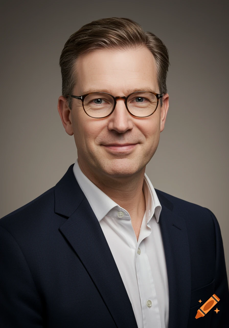 Smiling man with glasses and a dark suit looking forward in a professional photorealistic portrait.