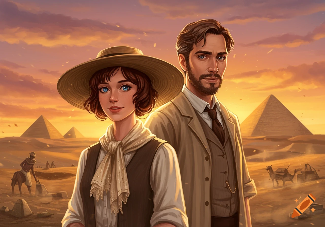 Two adventurers, a woman in a hat and a man, stand in an Egyptian desert with pyramids at sunset, illustration.