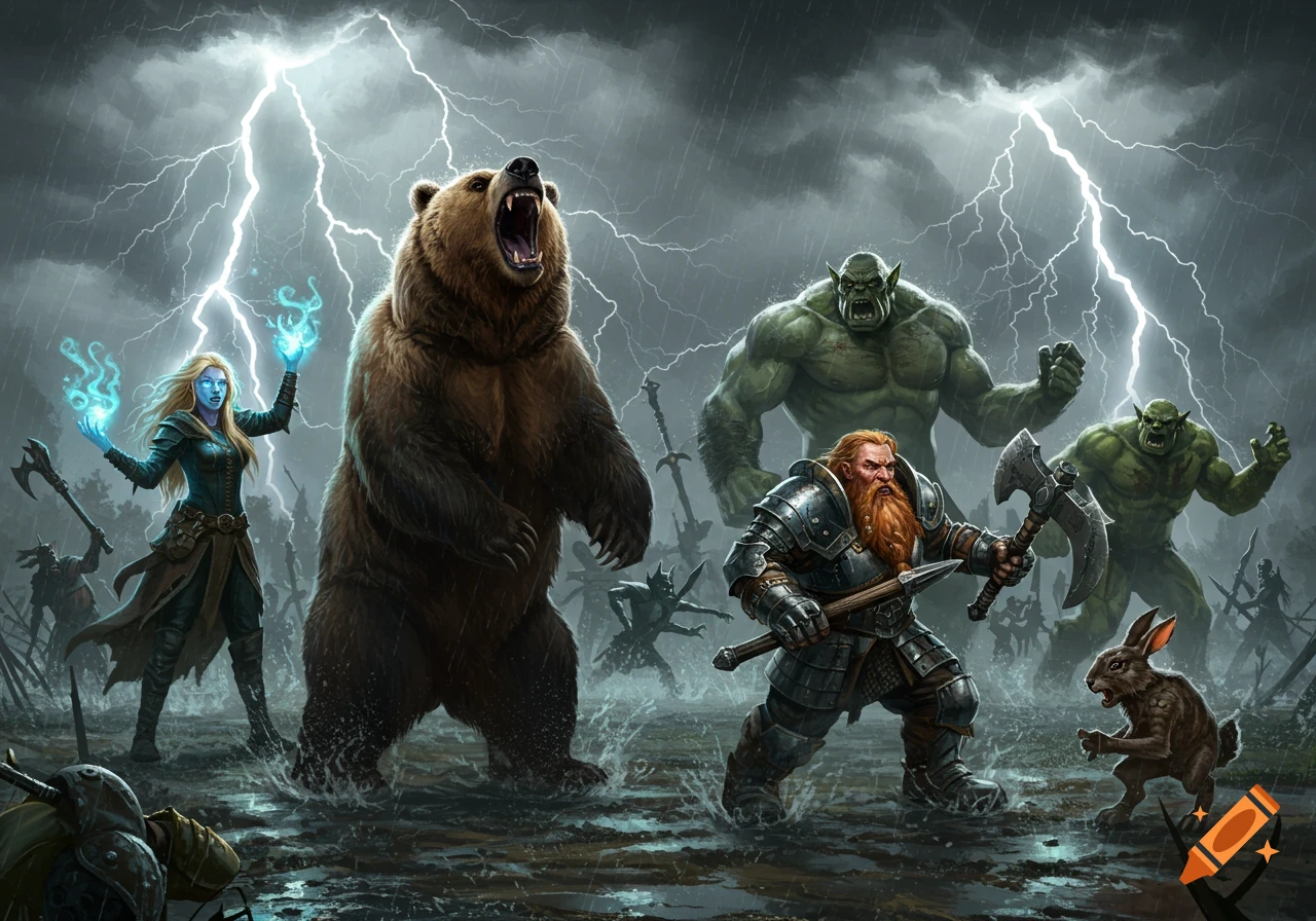A fantasy group, including a bear, female witch, dwarf warrior, two ogres, and a rabbit, in a thunderstorm battle.
