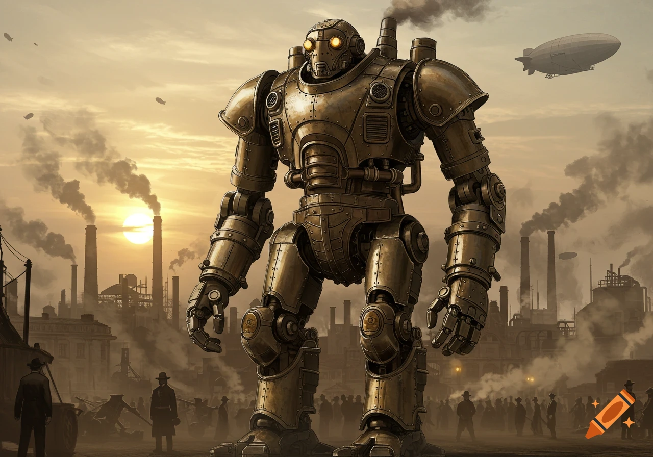 A colossal steampunk robot stands in an industrial city filled with smoking factories and airships under a setting sun.