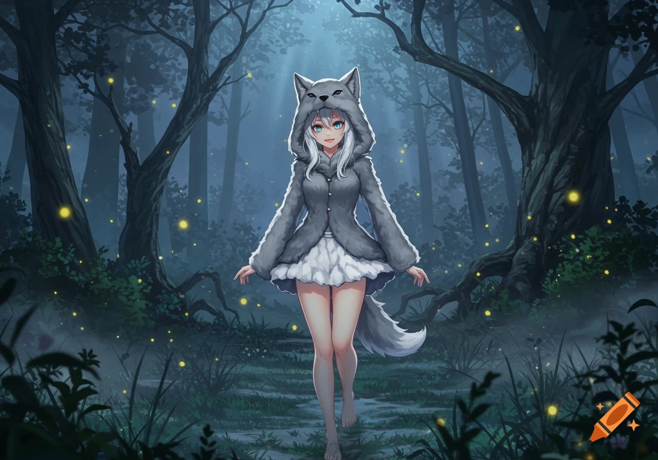 Anime girl dressed in a gray wolf costume, standing barefoot in a dark forest illuminated by glowing fireflies.