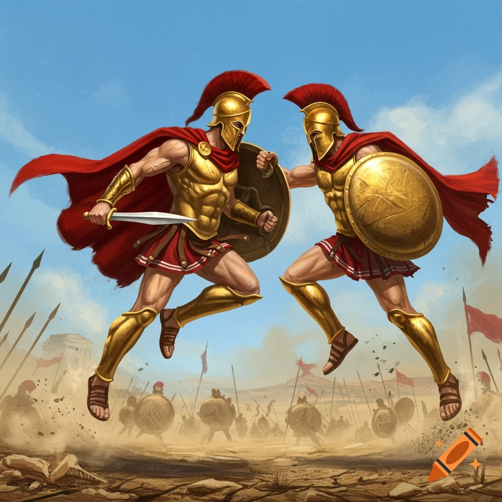Two ancient Spartan warriors in golden armor and red capes mid-air, clashing swords and shields on a dusty battlefield with other soldiers.