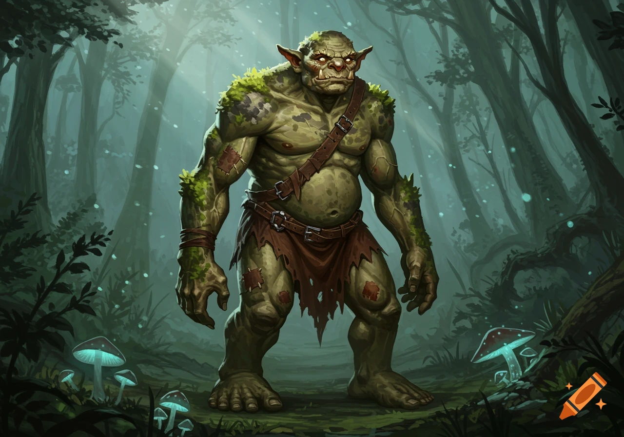 A muscular green troll with mossy skin and torn clothing stands in a mystical, misty forest with glowing mushrooms.