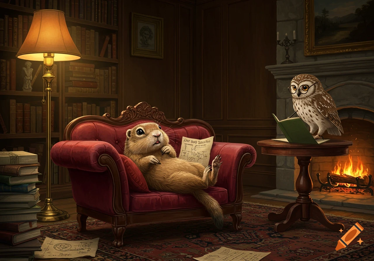 A gopher lounges on a red armchair, holding a paper, as an owl in glasses reads a book by a fireplace in a cozy library.