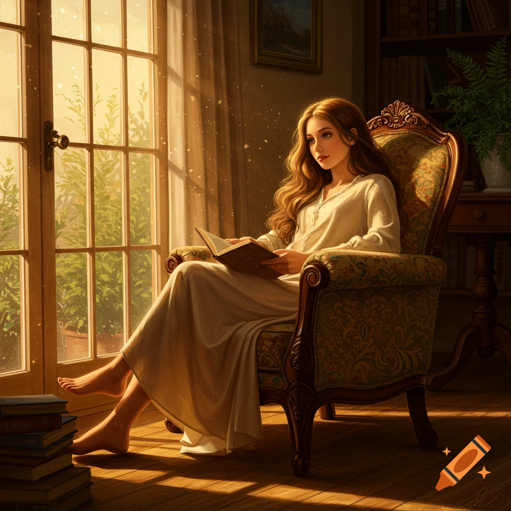 A woman with long wavy hair sits in a patterned armchair, reading a book by a sunlit window in a cozy room.