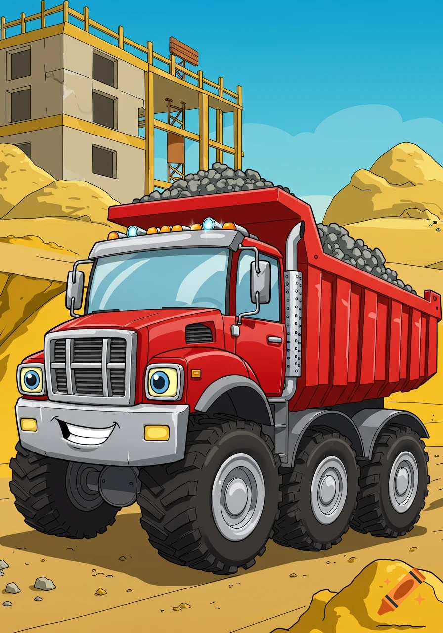 Cartoon illustration of a smiling red dump truck filled with rocks at a construction site with a building in the background.