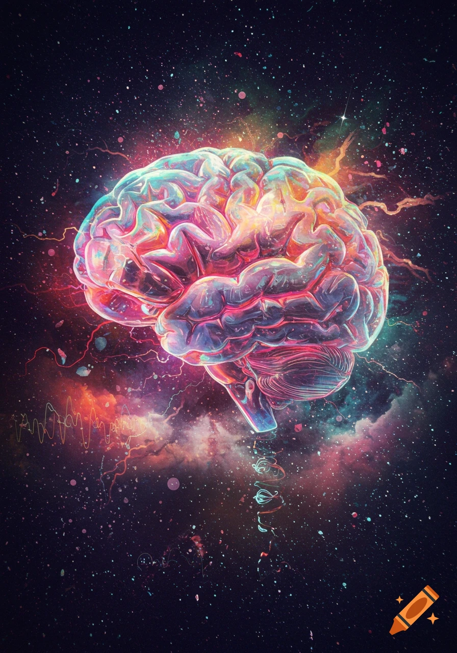 A vibrant, translucent brain with colorful light against a cosmic background of stars and nebulae, with swirling energy.