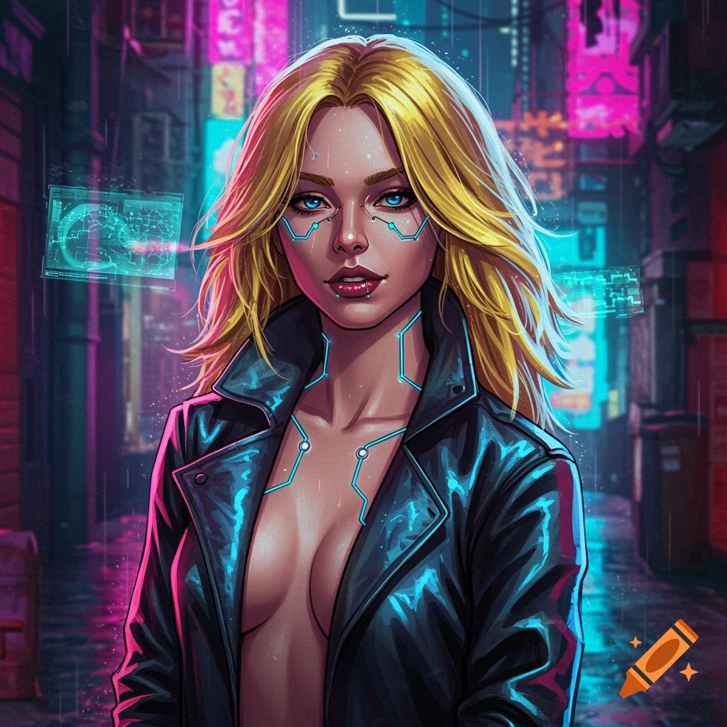 A blonde woman with cybernetic implants and an open leather jacket stands in a neon-lit cyberpunk alley, in a comic art style.
