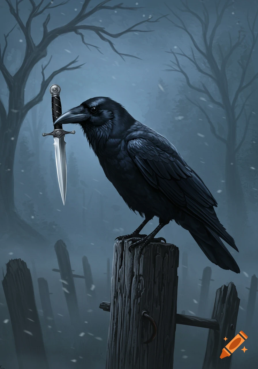 A black raven holds a shining silver dagger in its beak, perched on a wooden post in a dark, snowy forest.