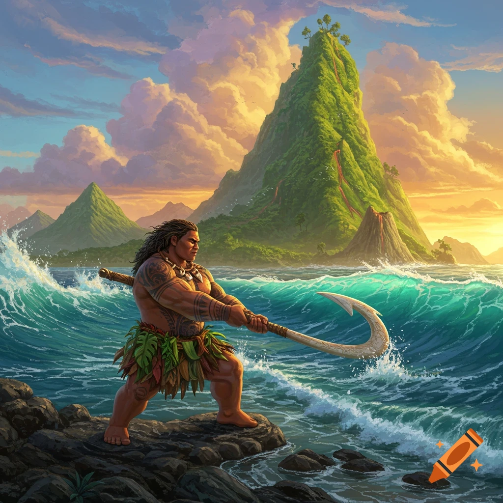 Muscular demigod Maui on rocks by ocean, holding large fishhook, with lush green islands and volcano under a sunset sky.