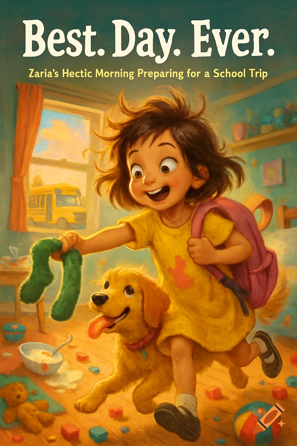 A cheerful cartoon girl and a golden retriever run through a messy room, with a school bus visible outside. The image is a book cover titled "Best. Day. Ever."