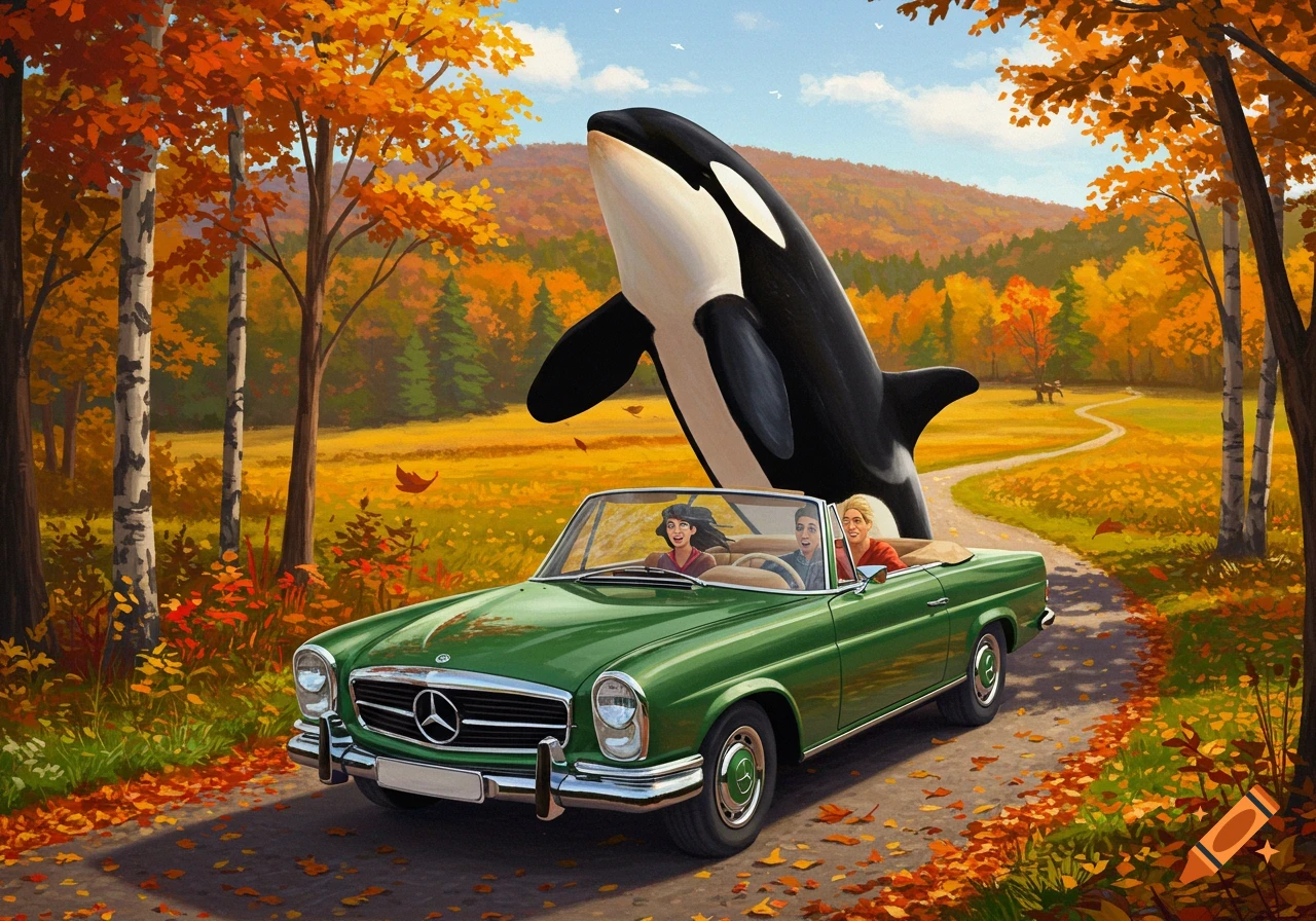 A classic green Mercedes Benz convertible drives through autumn foliage with three people and a large killer whale in the back seat.