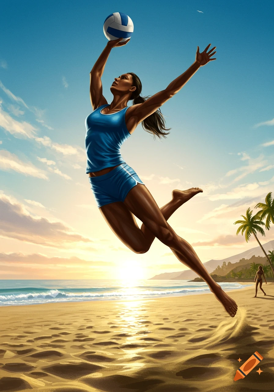 Illustration of a woman in blue sportswear jumping to hit a volleyball on a beach at sunset.