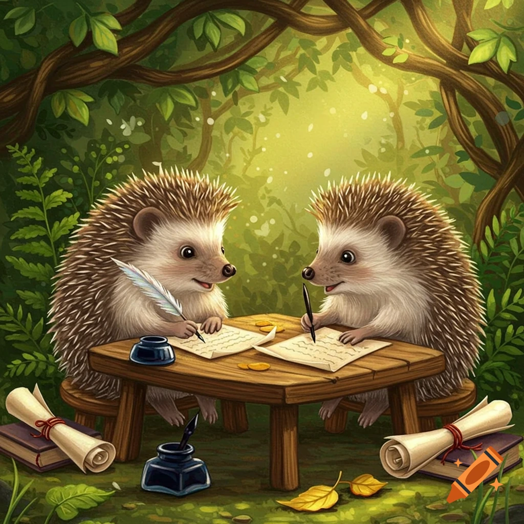 Two cute hedgehogs sit at a wooden table in a vibrant forest, writing on papers with a quill and a pen.