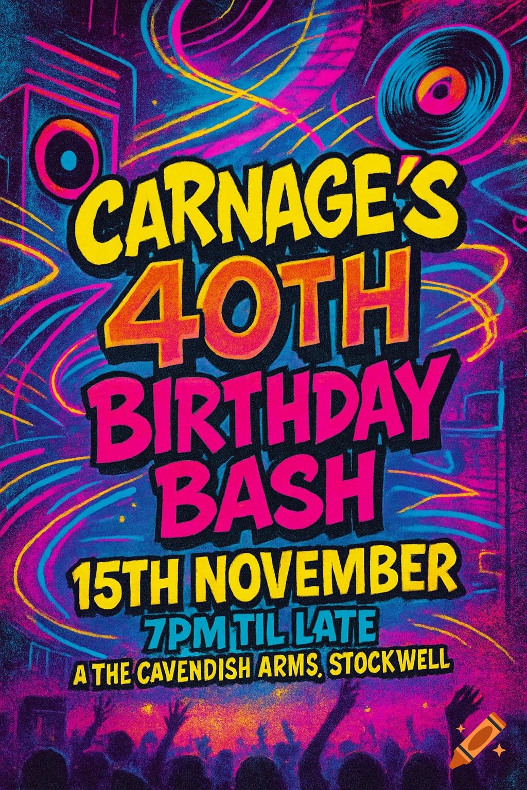 A vibrant, neon 90s-style rave flyer for CARNAGE's 40th Birthday Bash with abstract shapes, speakers, and a crowd.