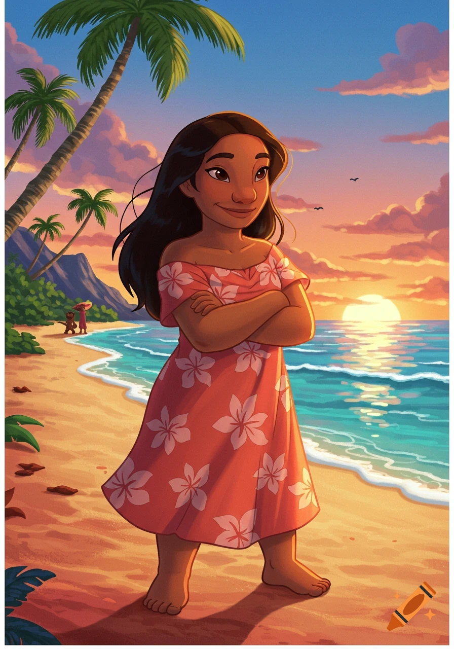 Animated young girl with dark hair in a pink floral dress standing on a beach at sunset with palm trees and ocean.