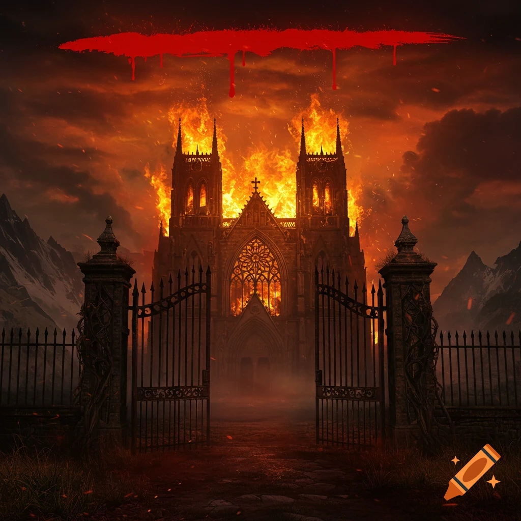 A gothic cathedral ablaze behind an open wrought iron gate, with misty mountains and a red paint splatter above.