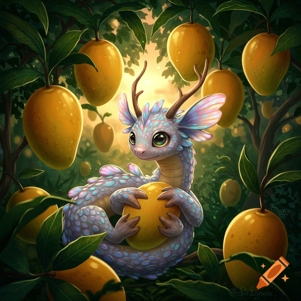 A cute, colorful stylized baby dragon with large eyes and small antlers holds a mango, surrounded by lush green leaves and ripe yellow mangoes hanging from trees in a fantasy forest setting.