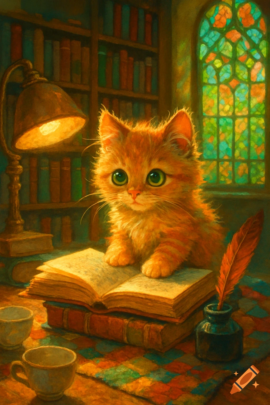 An adorable orange fluffy kitten with big green eyes sits on an open book in a whimsical, painterly library with a stained-glass window.