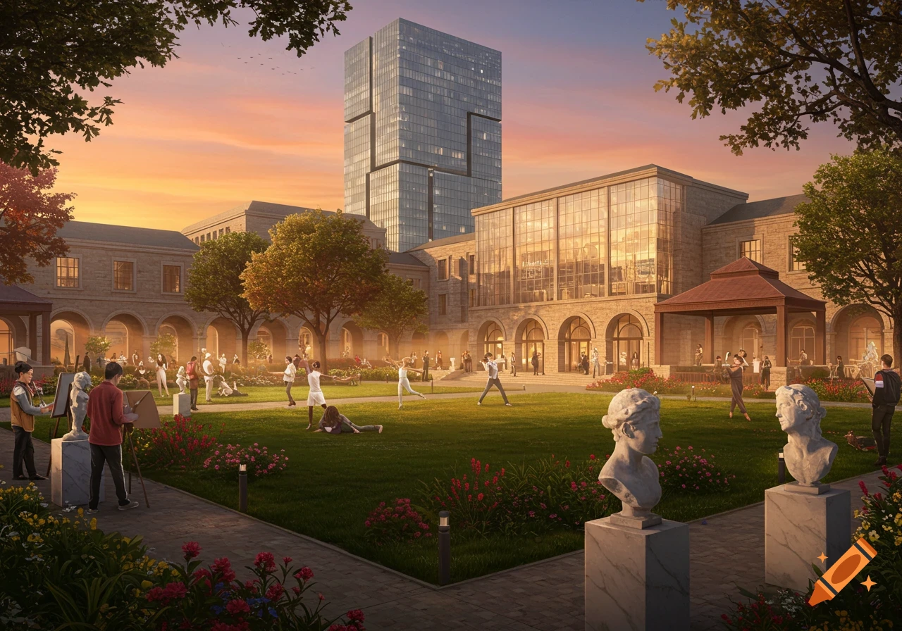 A large, ornate campus with a modern skyscraper in the background at sunset. Students engage in arts activities on a grassy courtyard with classical busts and flowers.