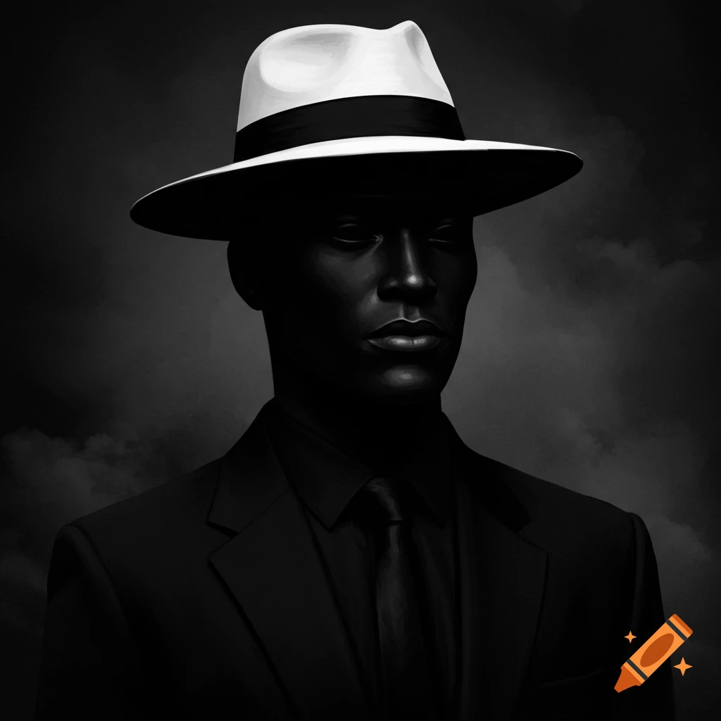 Black and white portrait of a man with stark black skin, wearing a white fedora and black suit, against a dark, cloudy background.