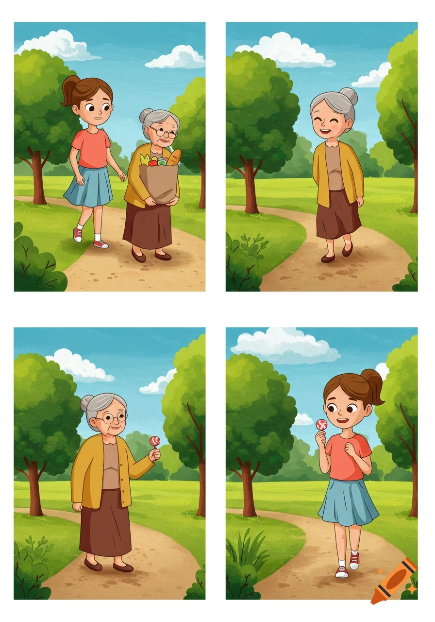 Four-panel cartoon: a girl helps an elderly woman with groceries, receives a lollipop, and walks happily in a park.
