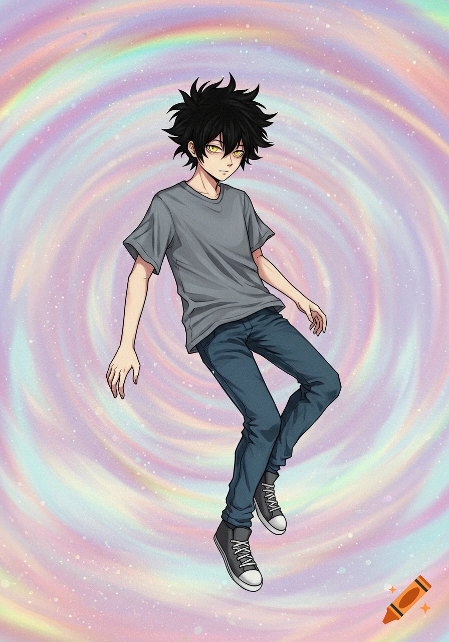 An anime teenage boy with spiky black hair and yellow eyes, wearing a gray t-shirt, jeans, and sneakers, floats in a swirling pastel rainbow void.
