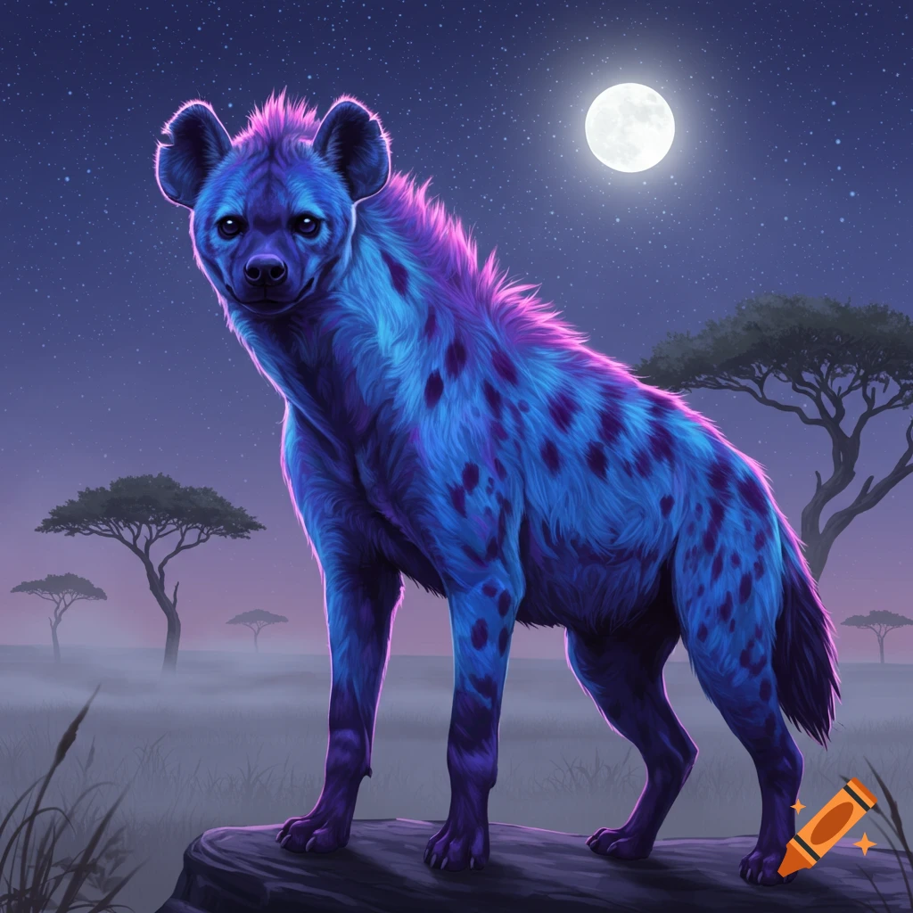 A vibrantly colored blue and purple hyena stands on a rock under a full moon in a starry night savanna landscape.