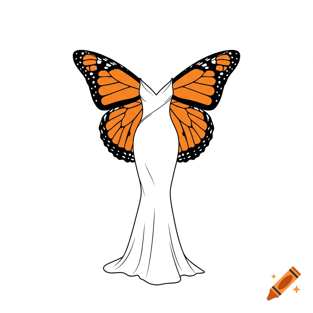 A minimalist line art illustration of a white, elegant dress with large orange and black monarch butterfly wings integrated into the back design.