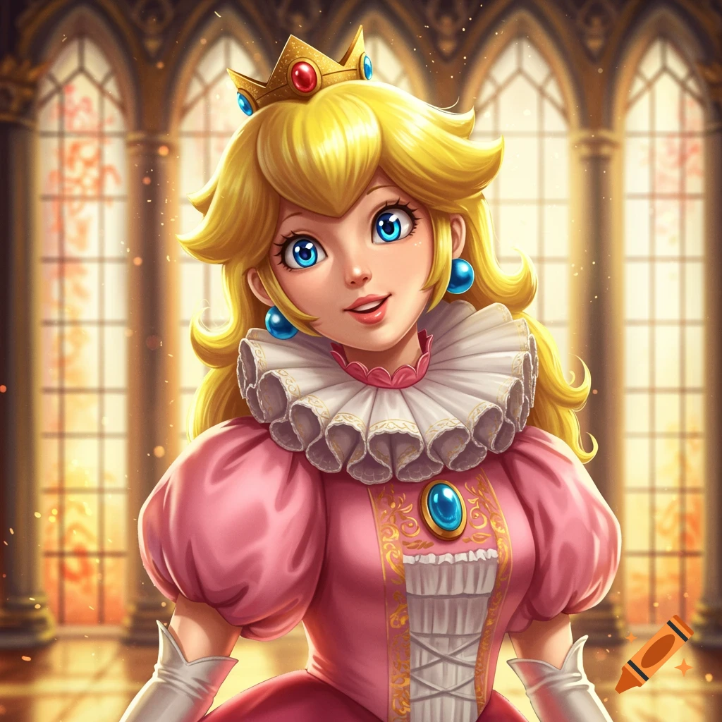 Princess Peach from Super Mario in a pink dress and crown with a large white neck ruffle, smiling inside a grand palace.