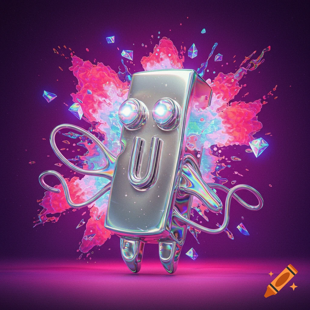 A gleaming metallic character with a U-shaped mouth and glowing eyes against an explosive pink and blue background with iridescent crystals.