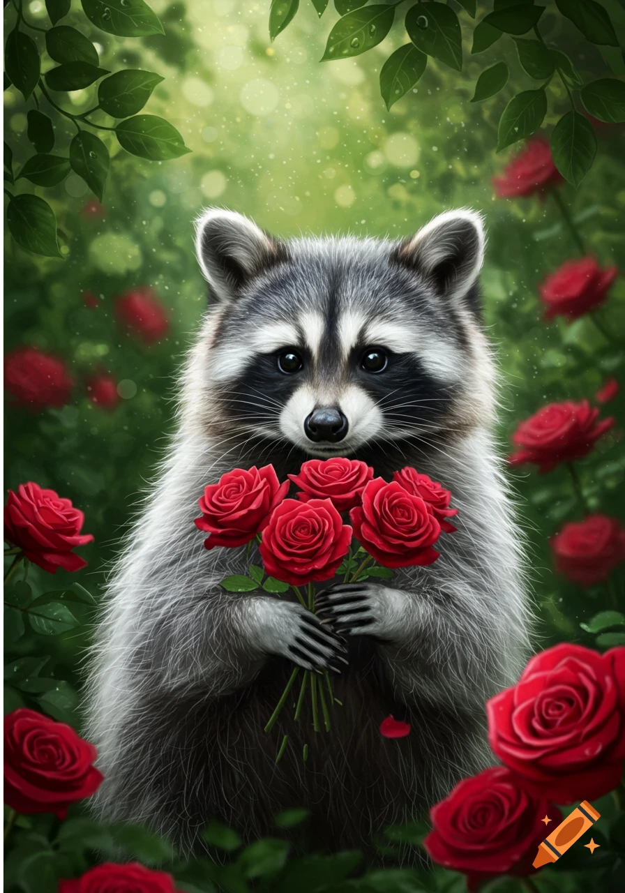 An illustration of a cute raccoon holding a bouquet of red roses, surrounded by green foliage and more roses.