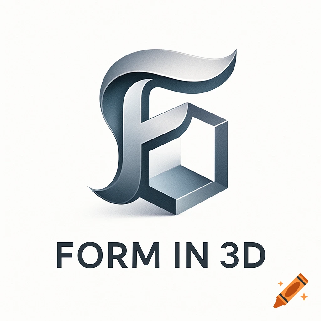 A sleek 3D silver and blue logo featuring a stylized 'F' intertwined with a cubic shape, above the text 'FORM IN 3D'.