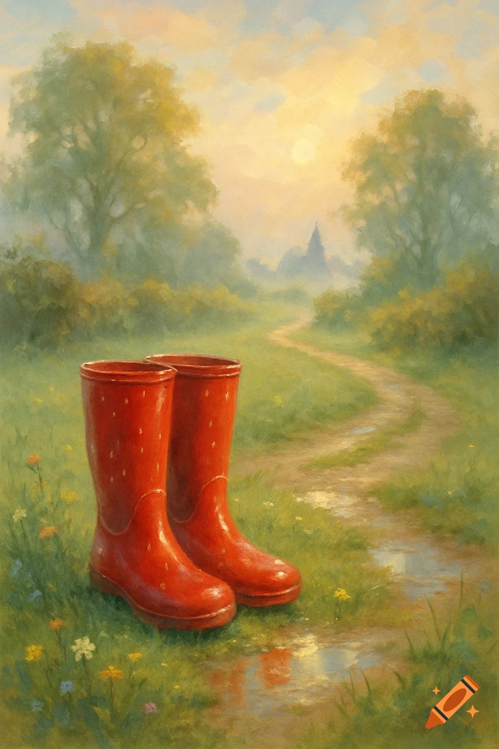 Red rain boots stand on a grassy path with wildflowers, leading to a distant village in a painterly style at sunset.