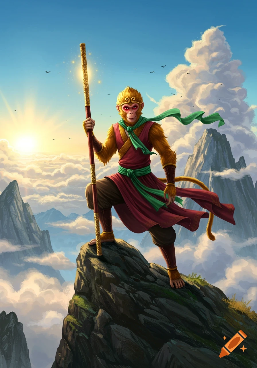 Sun Wukong, the Monkey King, stands atop a mountain peak above the clouds, holding his glowing staff at sunrise, in a vibrant illustration.