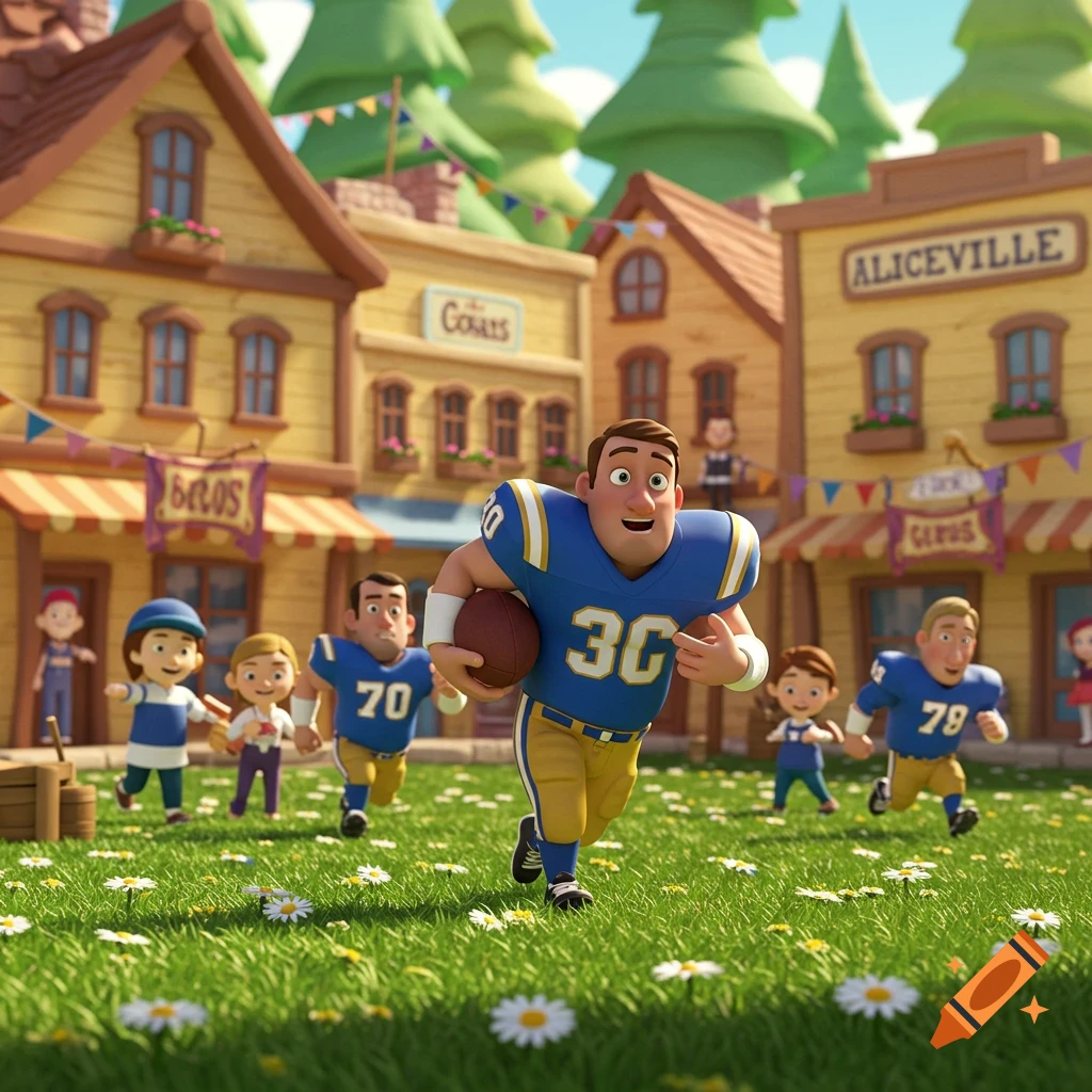 A 3D cartoon football player in a blue and gold uniform runs with a football through a grassy town square with buildings and other cartoon characters.