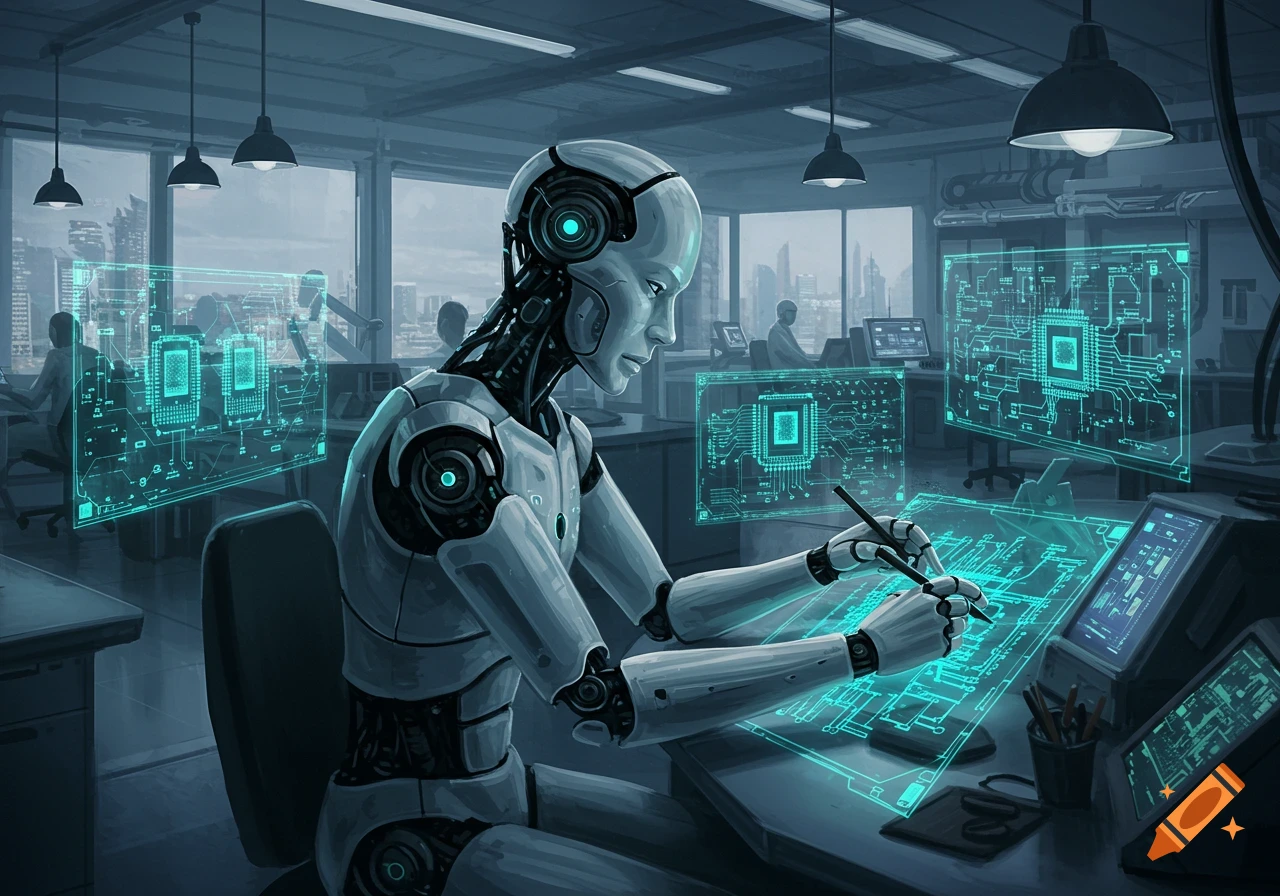 A robot drawing transistors in an IC design company, with holographic circuit diagrams floating around it in a futuristic office.