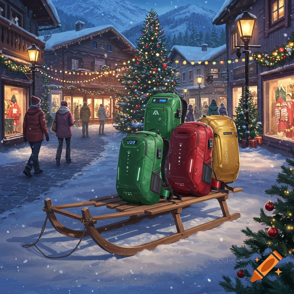 Three colorful modern backpacks, green, red, and gold, sit on a wooden sled in a snowy Christmas market with people, lighted buildings, and a decorated tree.