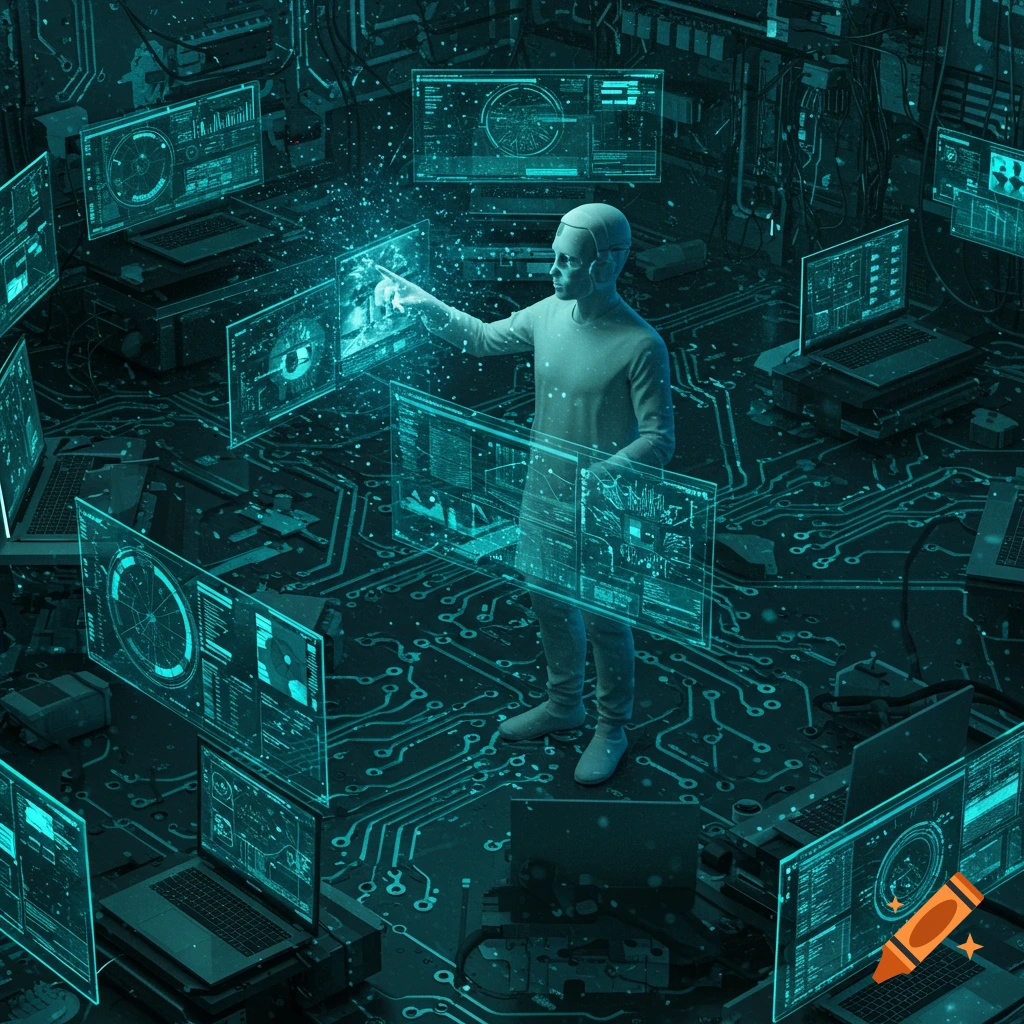 Humanoid figure interacts with glowing holographic screens in a dark room with circuit board patterns, surrounded by laptops, in a futuristic, digital style.
