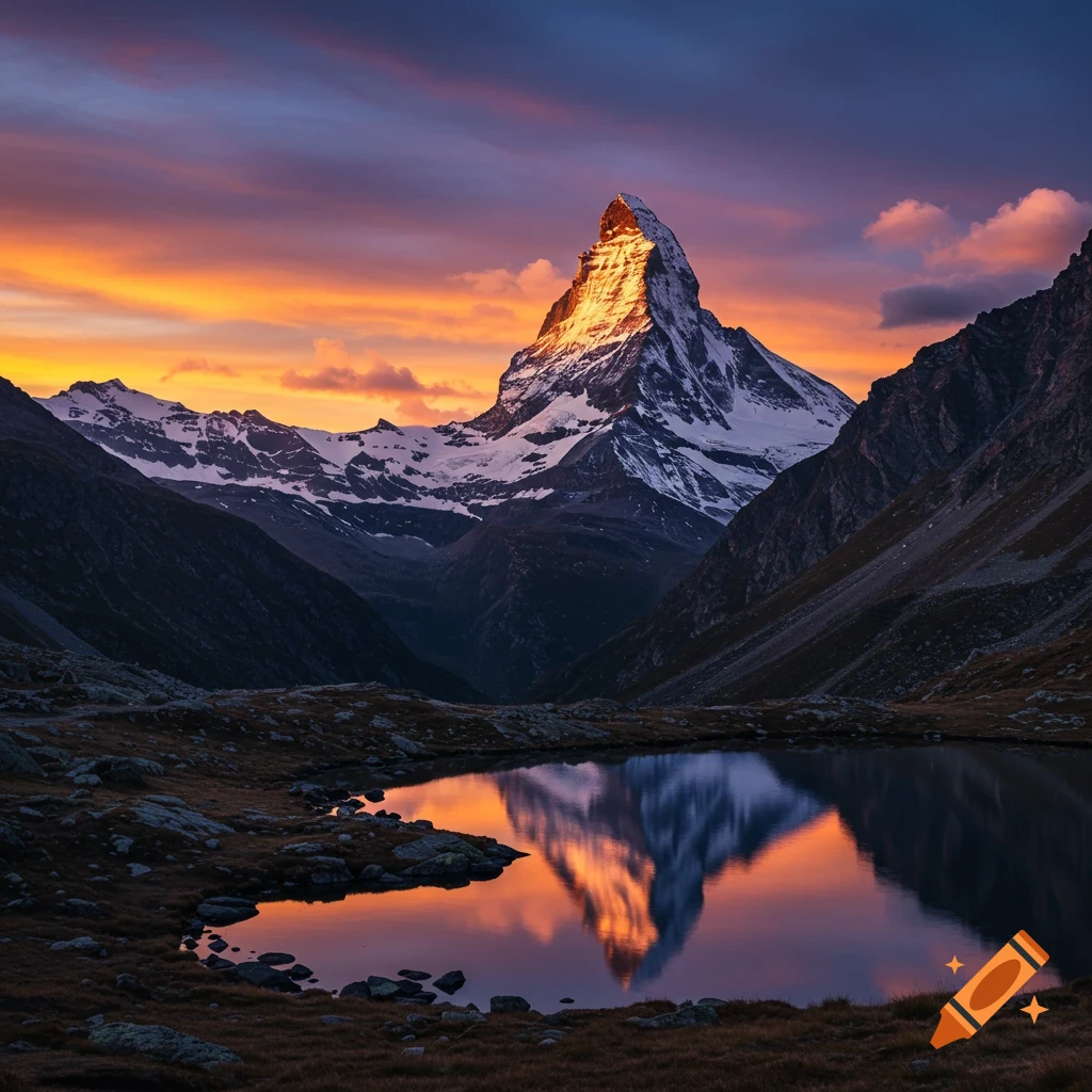 A majestic snow-capped mountain illuminated by a vibrant orange and purple sunset, reflected in a still lake.