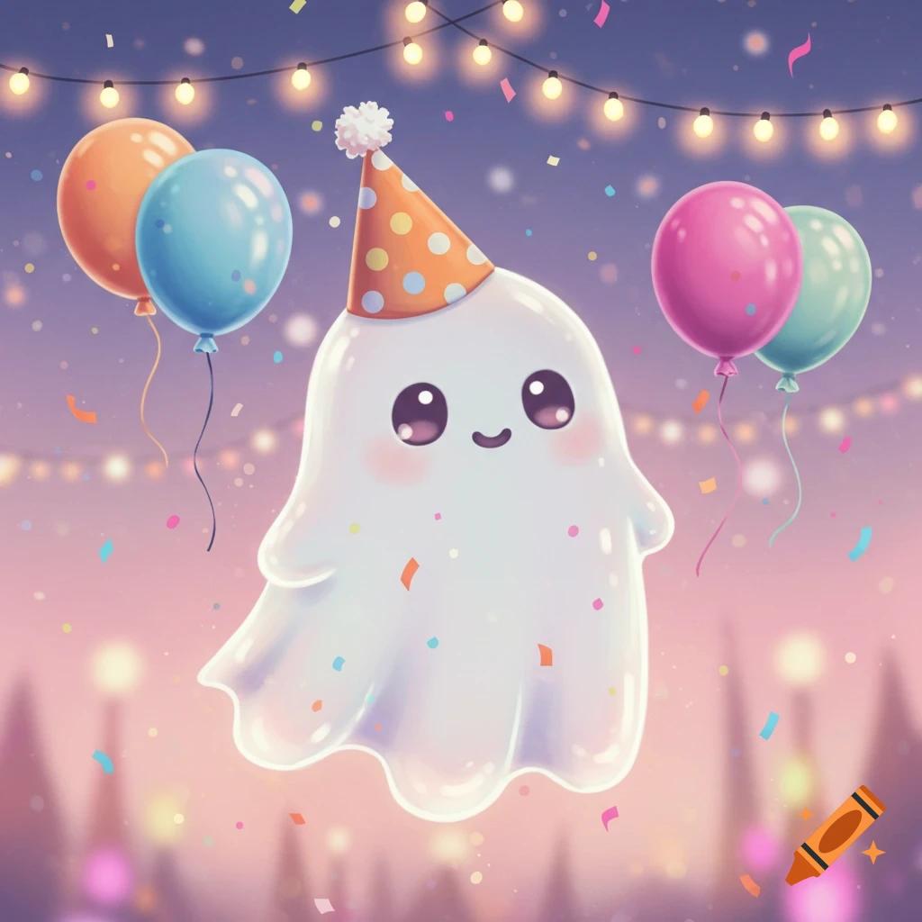 A cute ghost wearing an orange party hat, floating among colorful balloons and confetti under string lights.