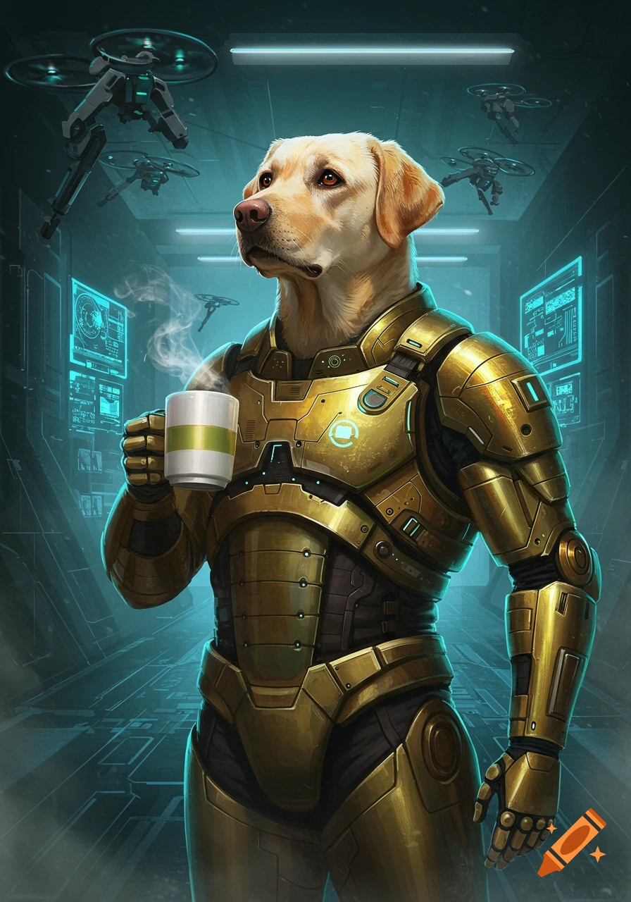 A humanoid yellow Labrador retriever in golden futuristic armor stands in a sci-fi corridor, holding a steaming coffee mug. Drones fly in the background.