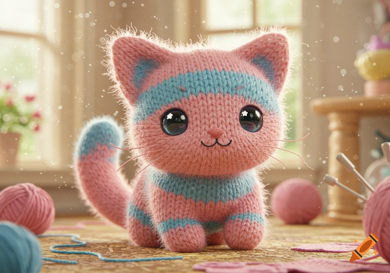 A cute pink and blue striped knitted cat with large shiny eyes, sitting on a wooden surface surrounded by yarn and knitting needles.