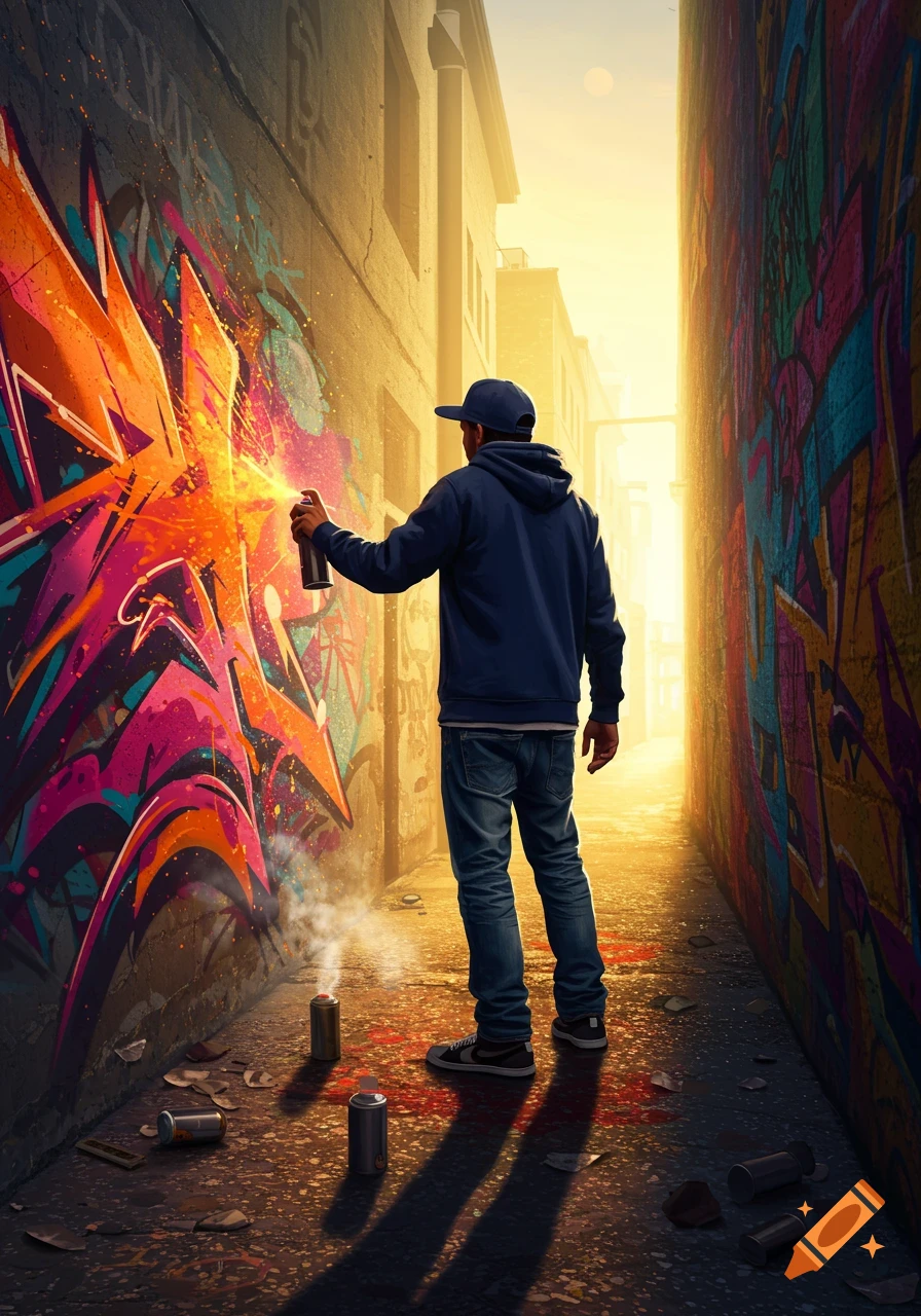 A person spray-painting colorful graffiti art on a wall in a sunlit urban alleyway.