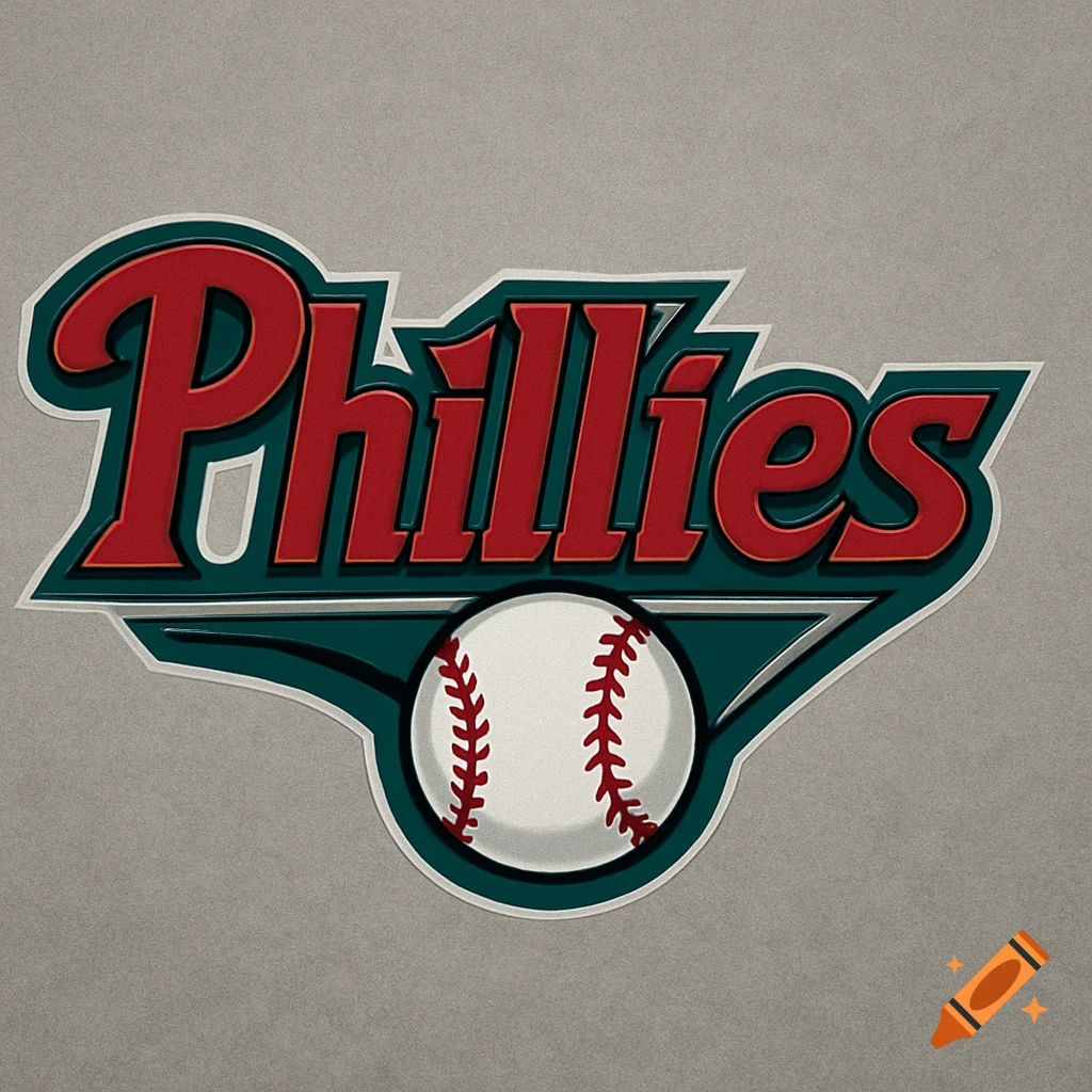 A Phillies baseball team logo with the word 'Phillies' in red script above a white baseball with red stitching, set on a dark green banner.
