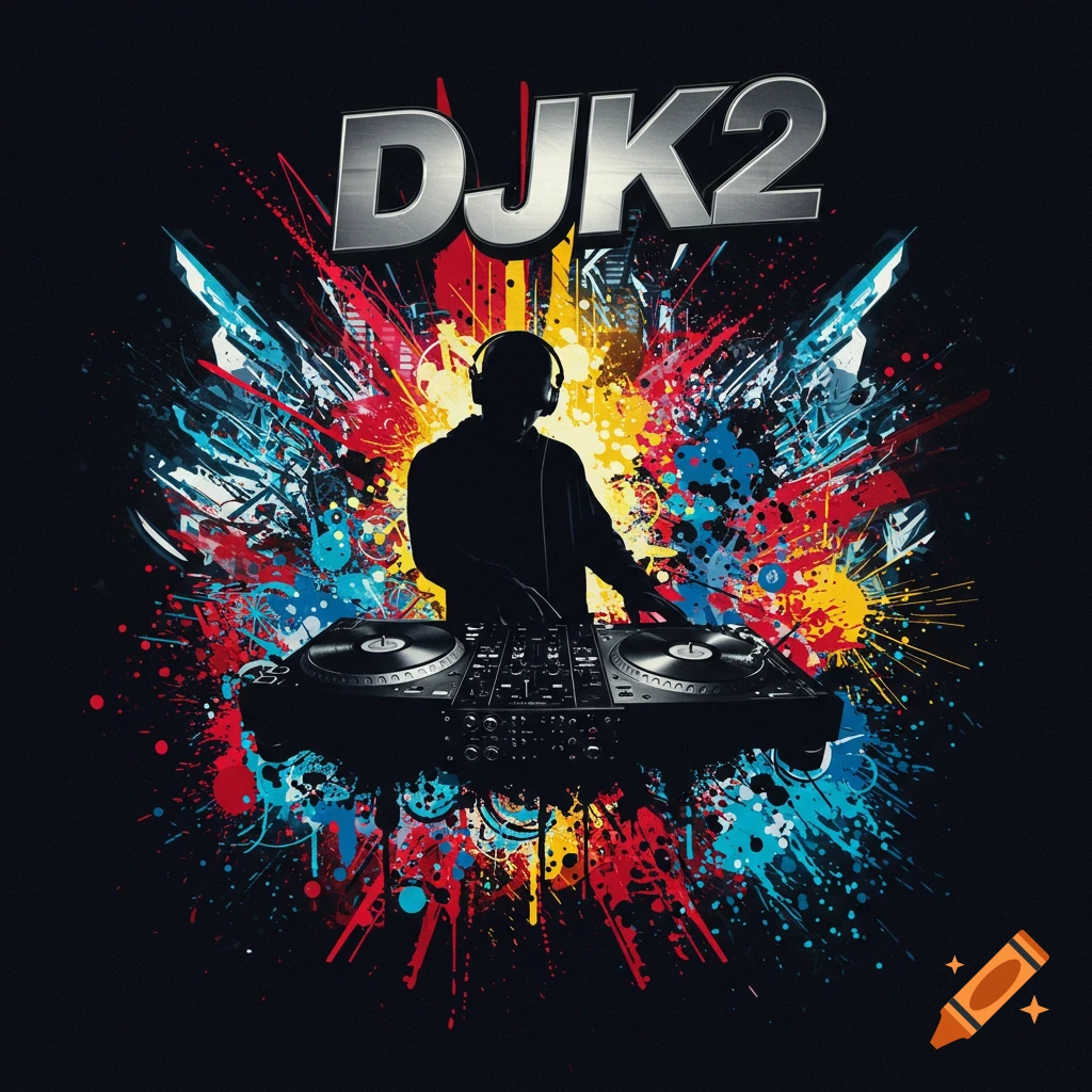 A silhouette of a DJ with headphones and turntables, set against a background of colorful paint splatters. The text DJK2 is at the top.