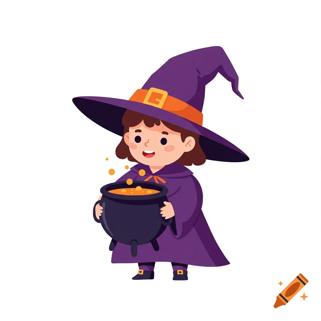 Cartoon child in a purple witch costume and hat holds a bubbling cauldron on a white background.