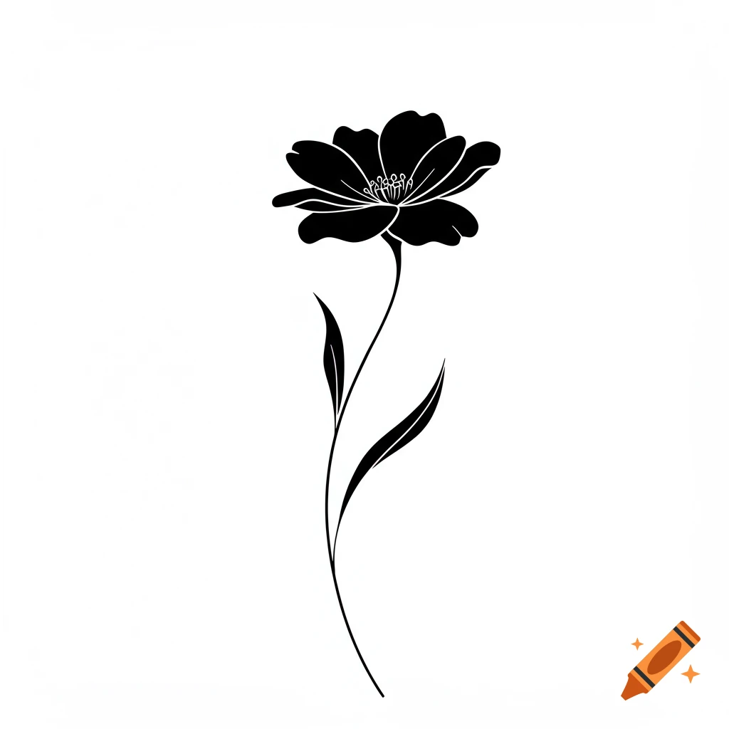 A black silhouette of a flower with a long stem and two leaves against a white background.
